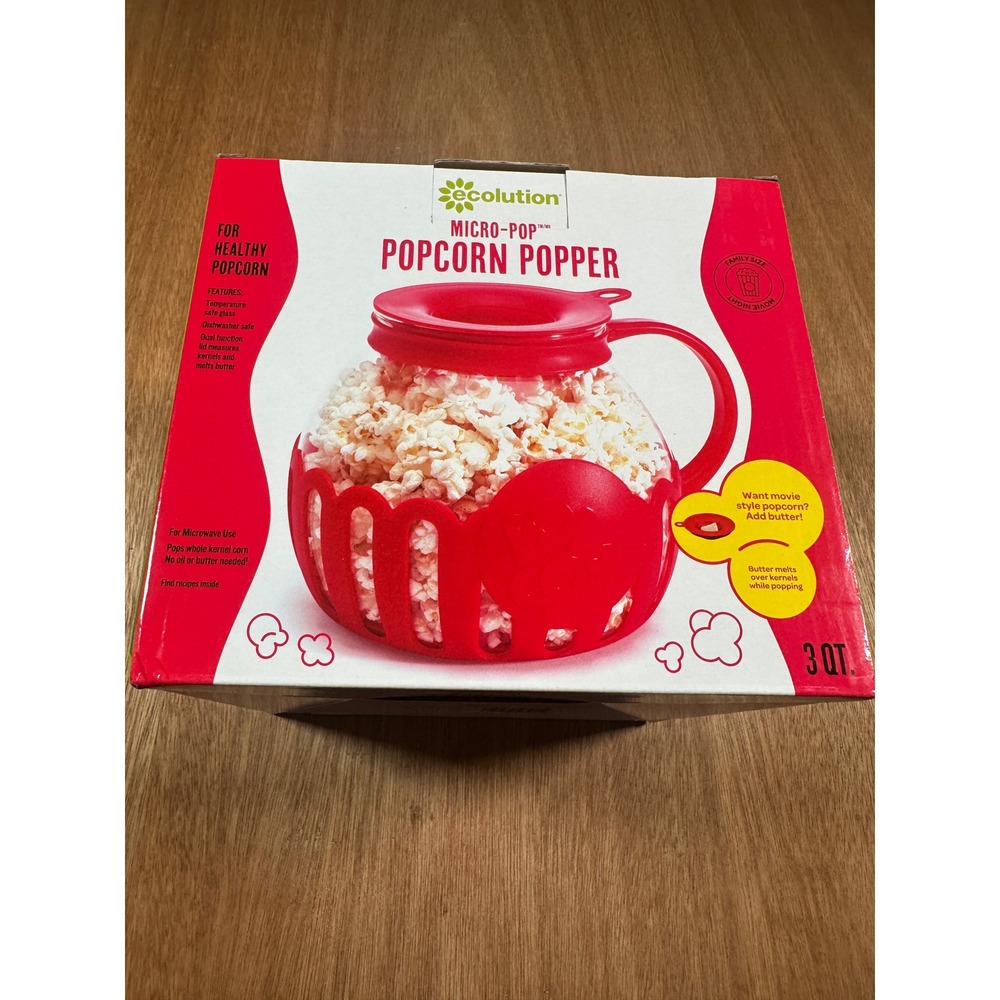 Ecolution Micro-Pop Popcorn Popper Family Size 3 QT Red Glass Microwave New